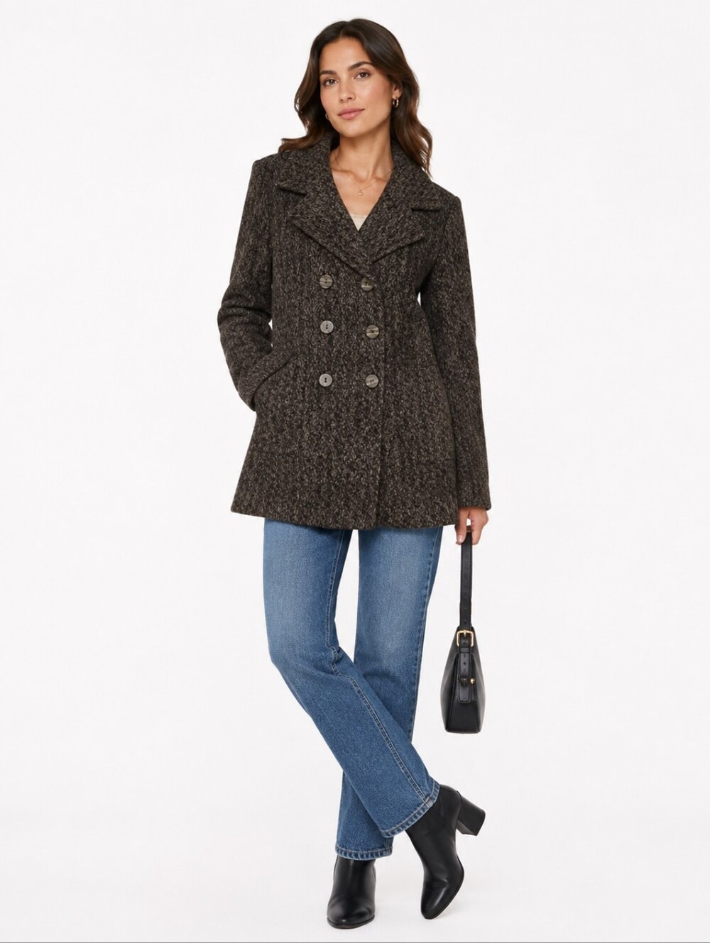 Jaeger Vintage Wool Double Breasted Tweed Pea Coat Gray Women's 6 Wooden Buttons